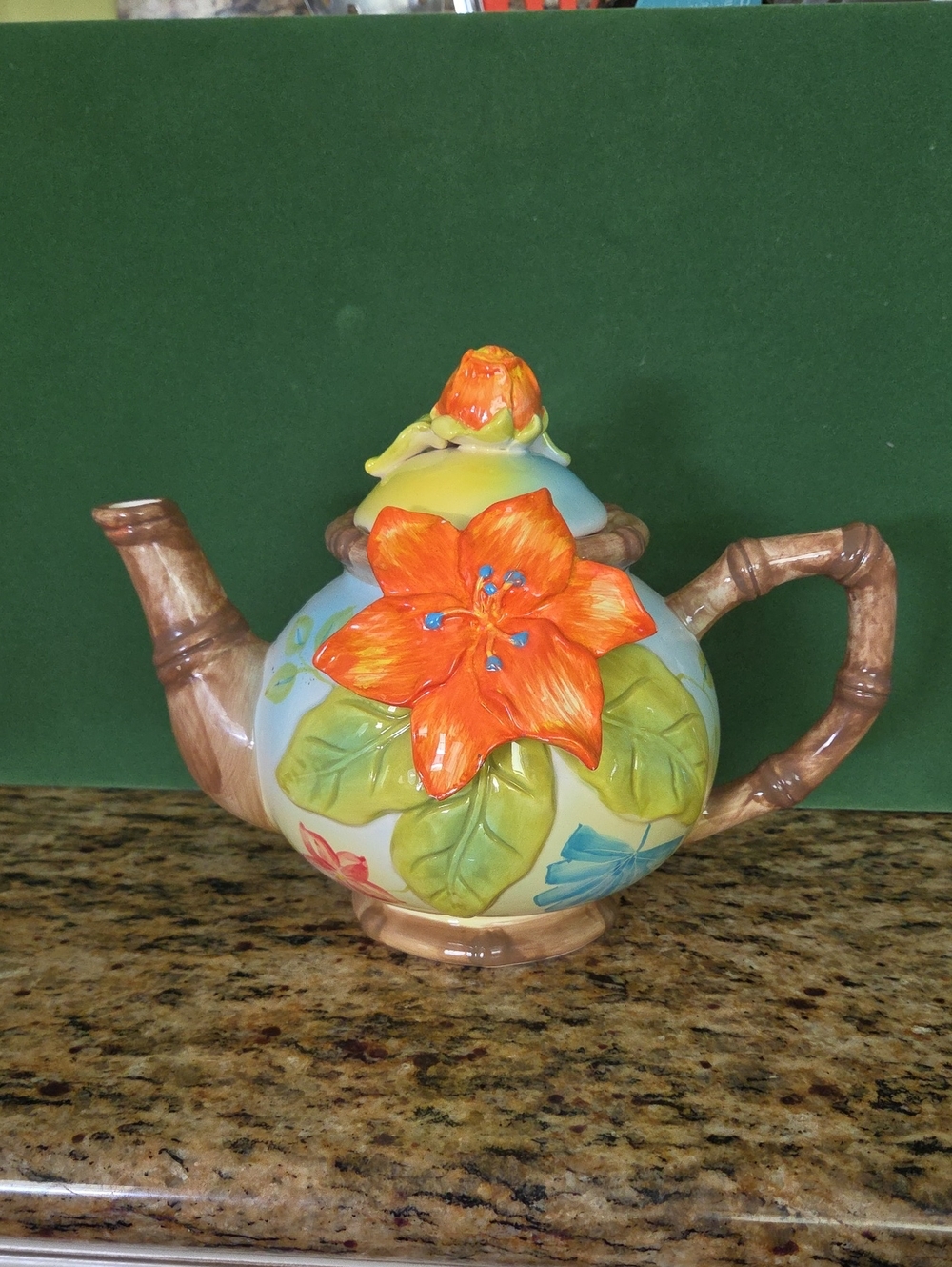 JK Designs Hand-Painted Ceramic Teapot with Orange Flower and Green Leaves